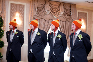 Illustration for article titled Jayne hats on the groomsmen and "Don't Panic" invites make for a sweet and geeky wedding